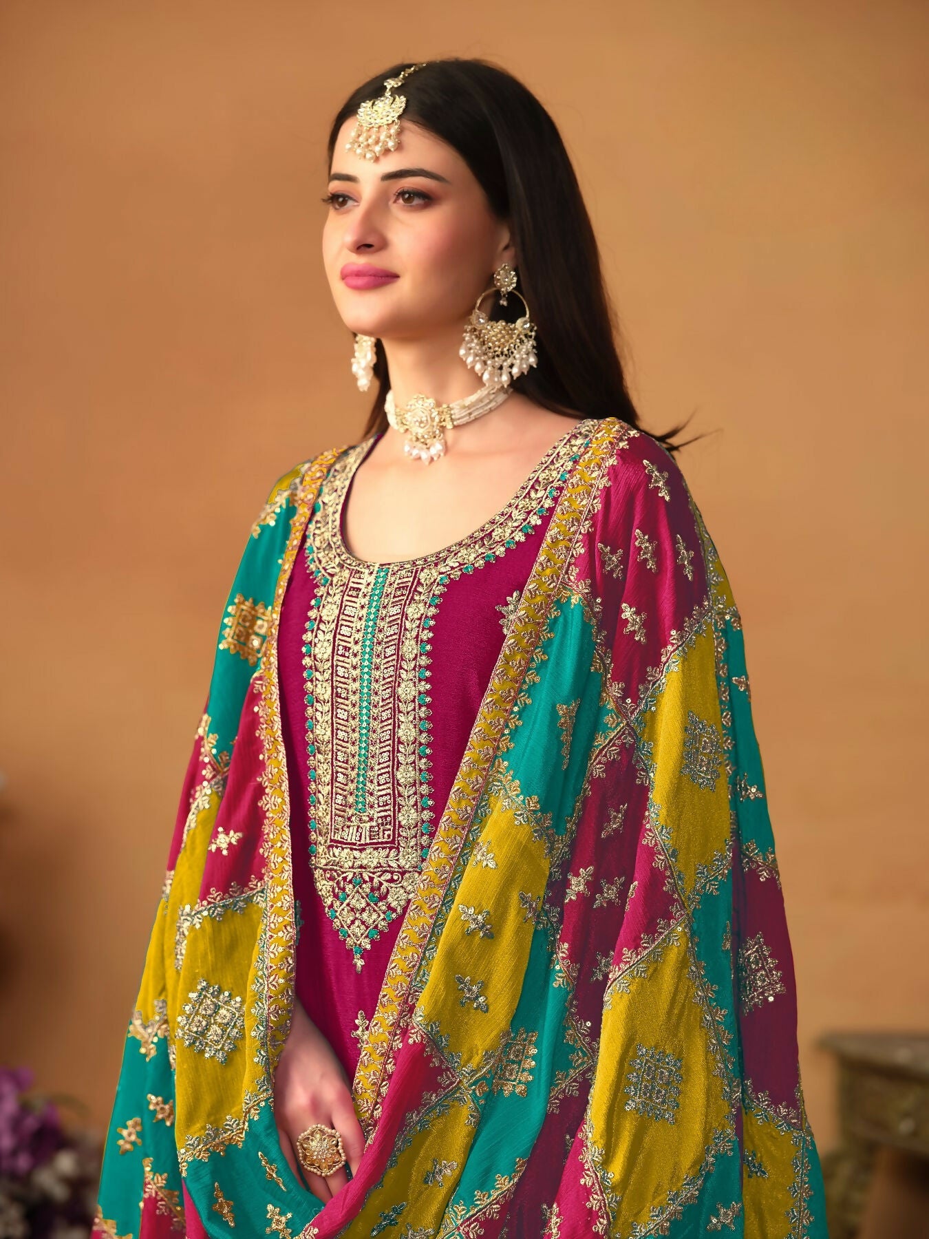 Anaita Wine Embroidered Soft Organza Salwar Suit | Grocsy