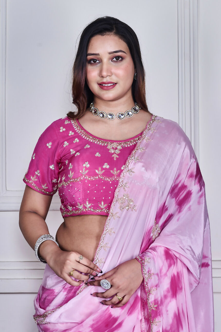 Morchari Pink Crepe Hand Embroidery Saree And Stitched Blouse | Grocsy