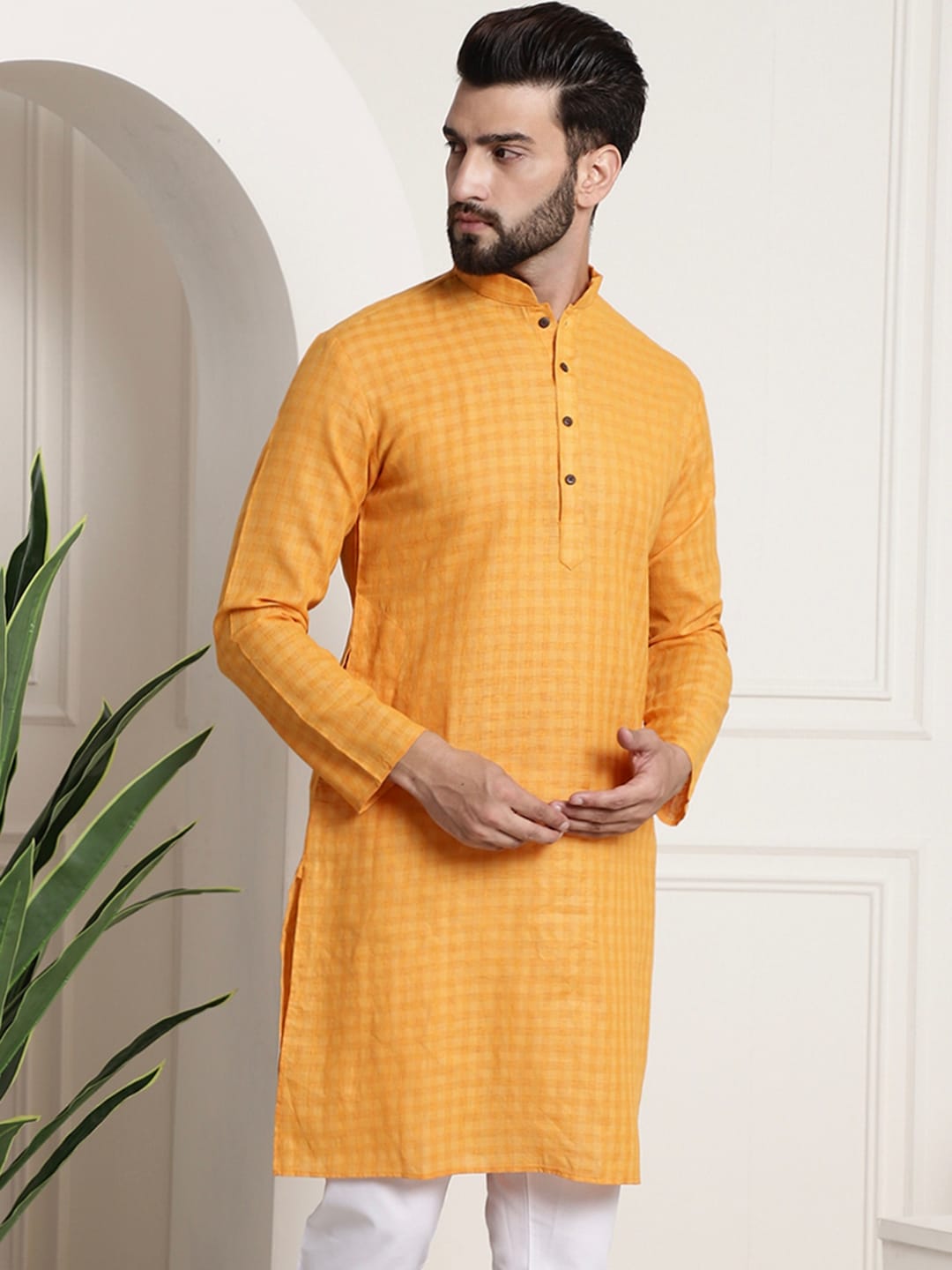Sojanya Men Mustard Yellow Dobby Self-Checked Straight Kurta | Grocsy