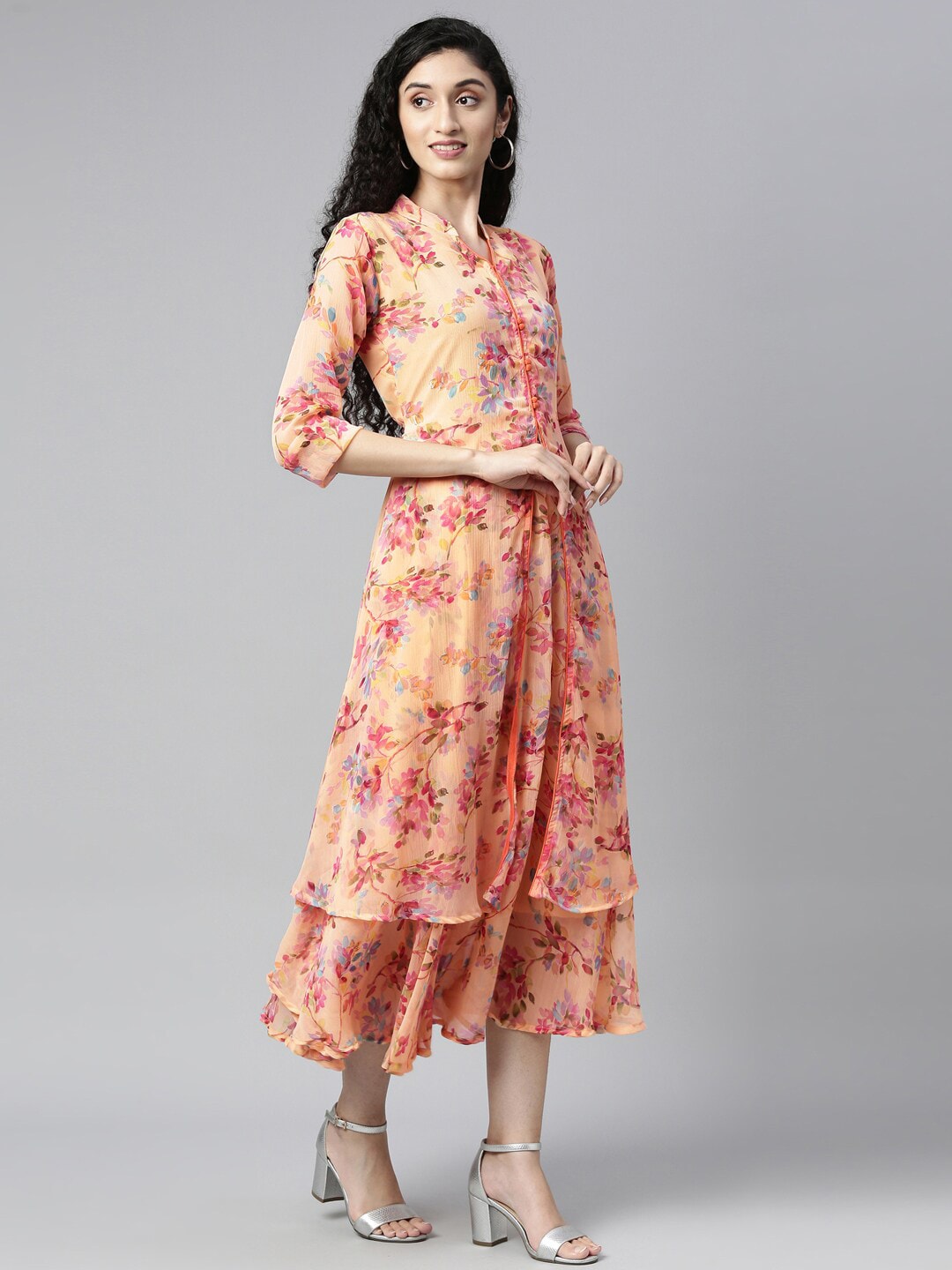 Souchii Peach-Coloured Floral Layered Chiffon A-Line Midi Dress | Grocsy