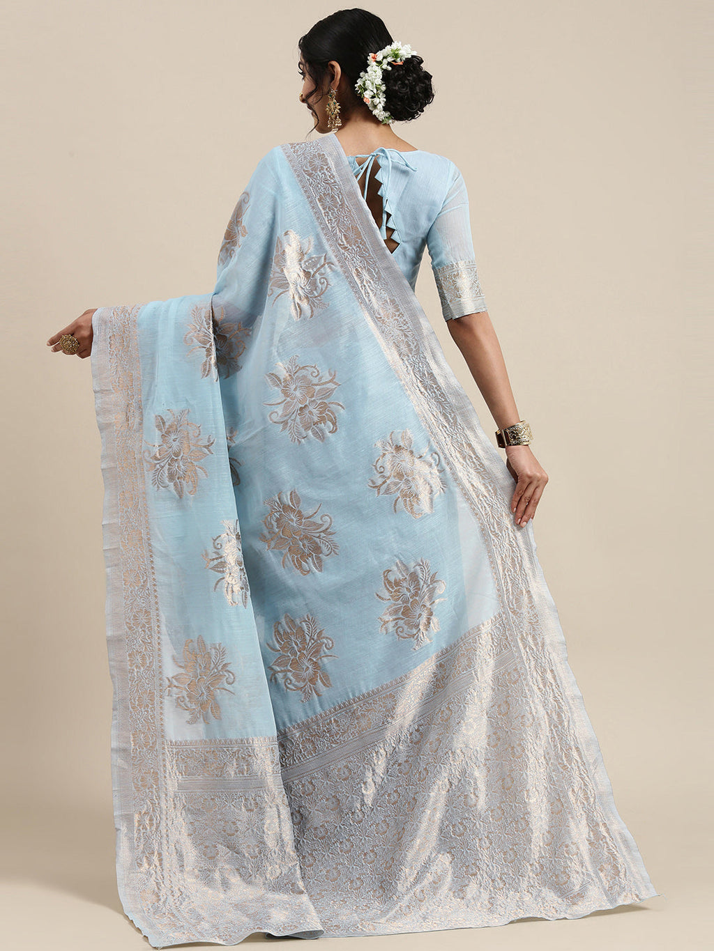 Saree Mall Turquoise Blue Floral Linen Blend Banarasi Saree | Grocsy