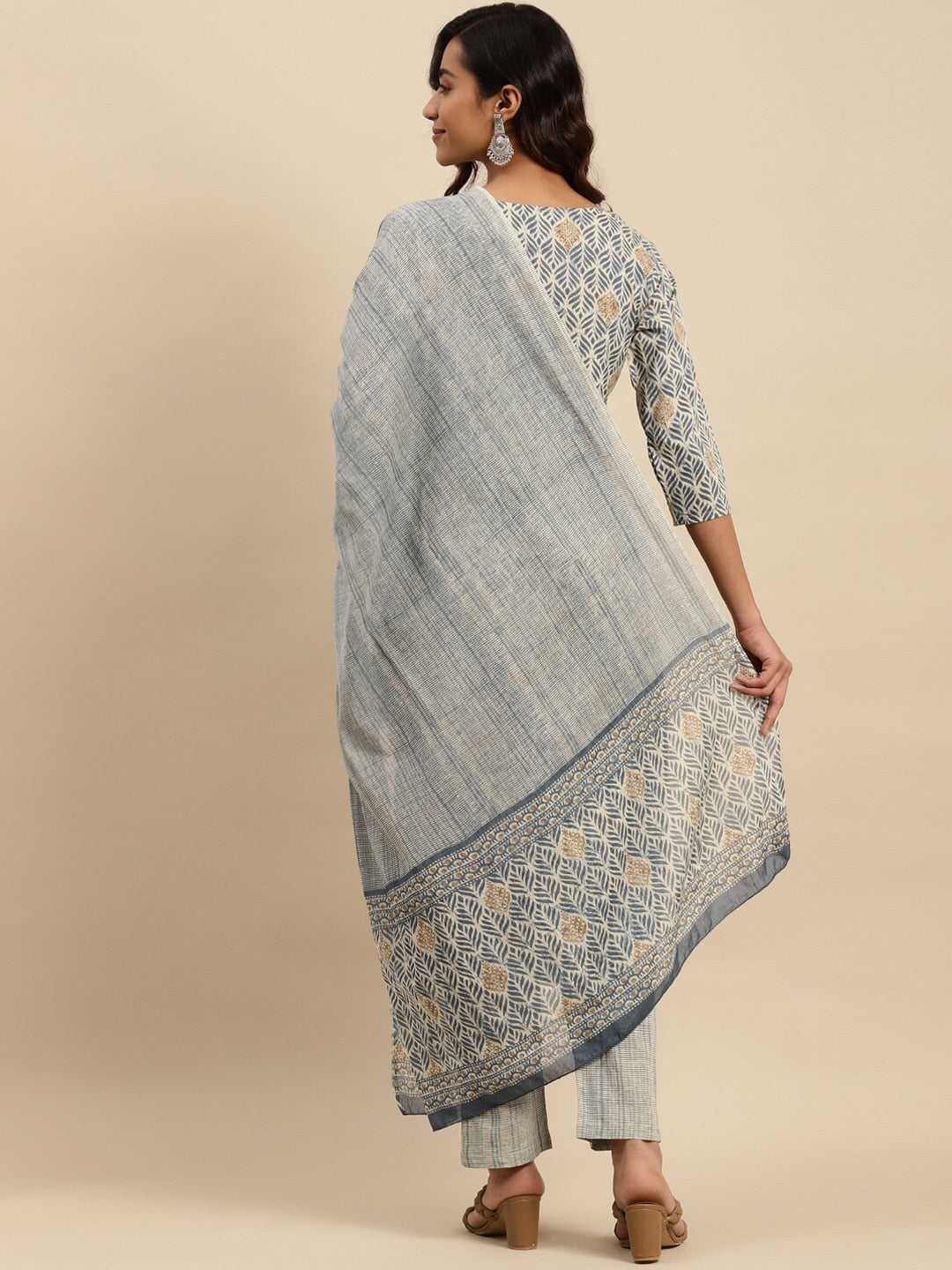 Sangria Floral Printed Mirror Work Pure Cotton Kurta With Trouser & Dupatta | Grocsy