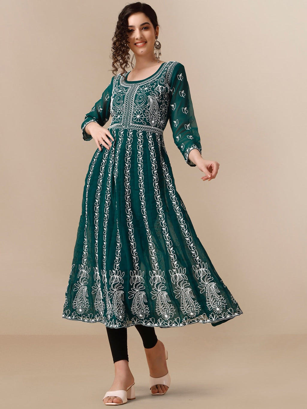 HERE&NOW Paneled Floral Embroidered Georgette Anarkali Kurta | Grocsy