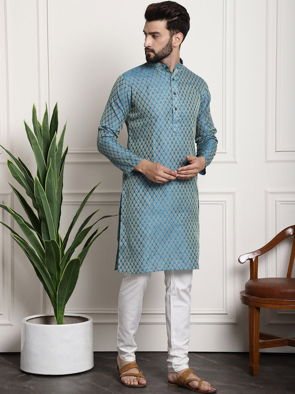 Sojanya Men Blue & Off-White Woven Design Kurta with Churidar | Grocsy
