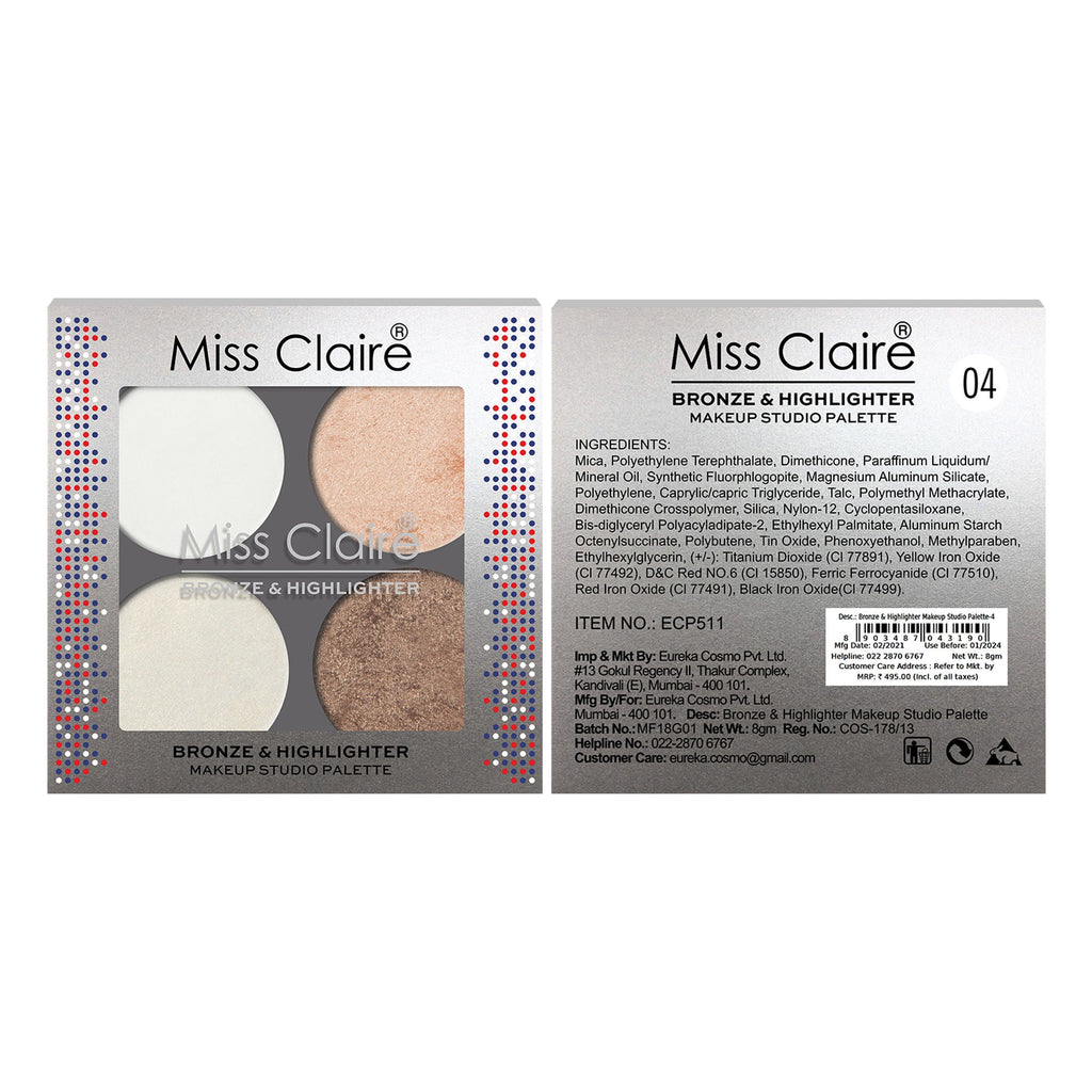 Miss Claire Bronze & Highlighter Makeup Studio Palette - 4 | Grocsy
