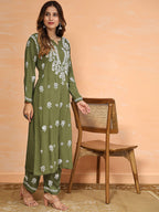 HOUSE OF KARI Floral Embroidered Thread Work Pure Cotton Kurta with Trousers | Grocsy
