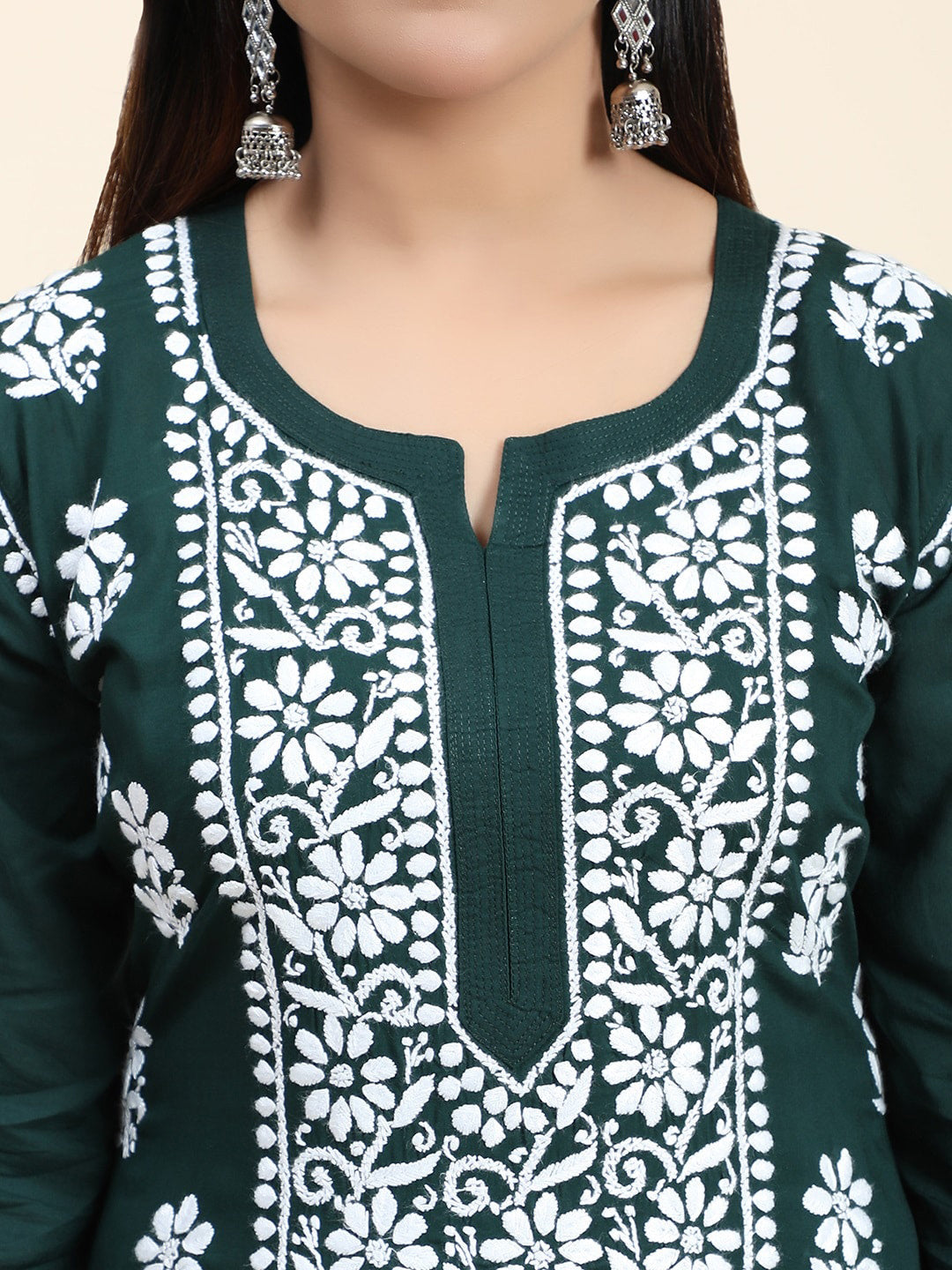 HOUSE OF KARI Women Green Floral Embroidered Chikankari Kurta with Palazzos | Grocsy