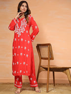 HOUSE OF KARI Floral Embroidered Chikankari Pure Cotton Straight Kurta With Trousers | Grocsy
