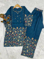 Teeya Creation Teal Blue Floral Printed Short Kurta With Straight Pants Co-Ord Set | Grocsy