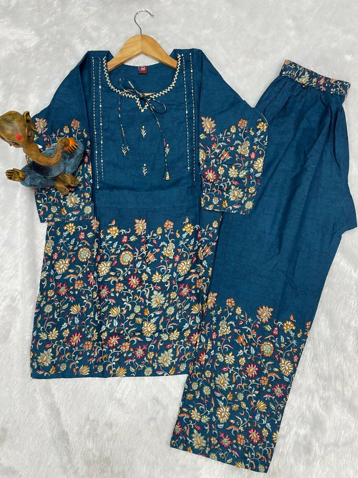 Teeya Creation Teal Blue Floral Printed Short Kurta With Straight Pants Co-Ord Set | Grocsy