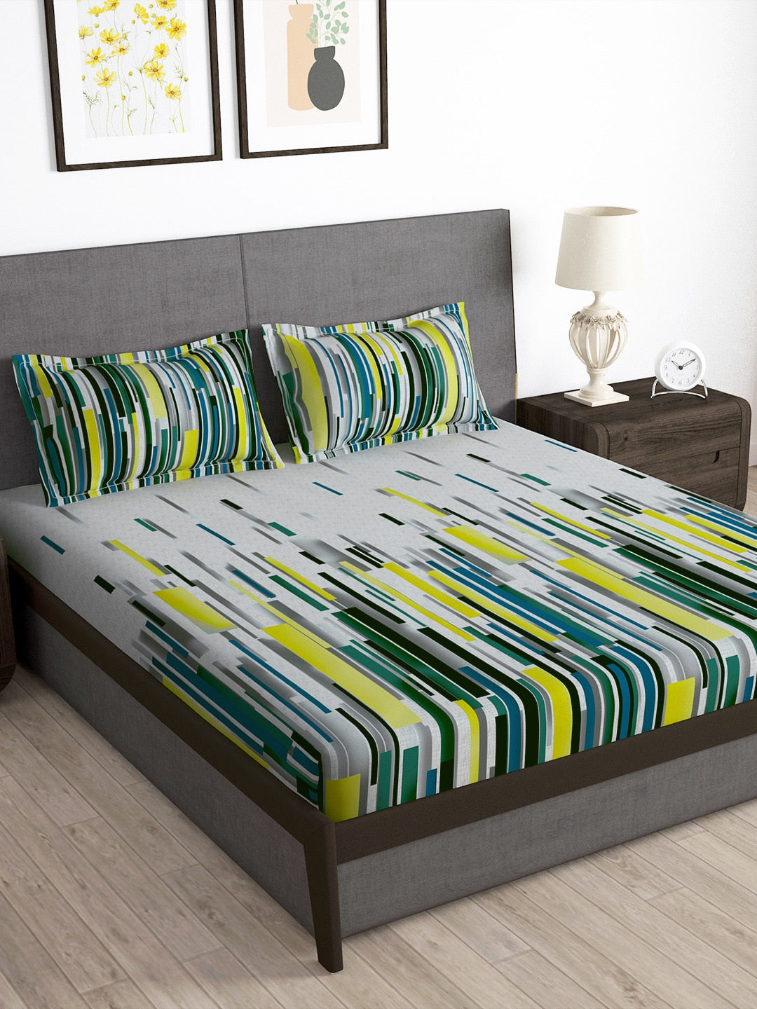 Story@home Arena White & Grey Printed 180 TC Bedsheet & Pillow Covers | Grocsy