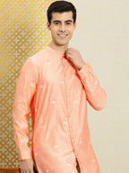 House of Pataudi Men Peach-Coloured Floral Embroidered A-Line Kurta | Grocsy