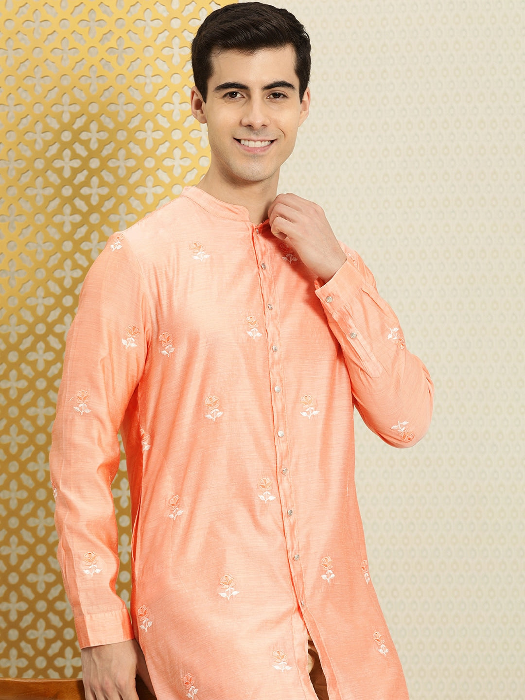 House of Pataudi Men Peach-Coloured Floral Embroidered A-Line Kurta | Grocsy