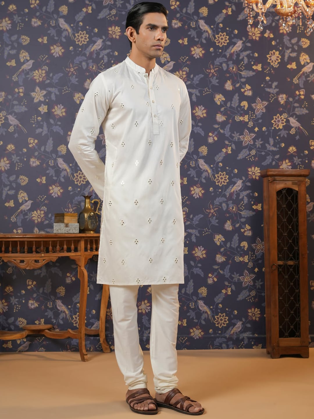 House of Pataudi Embroidered Mirror Work Straight Kurta With Pyjama | Grocsy