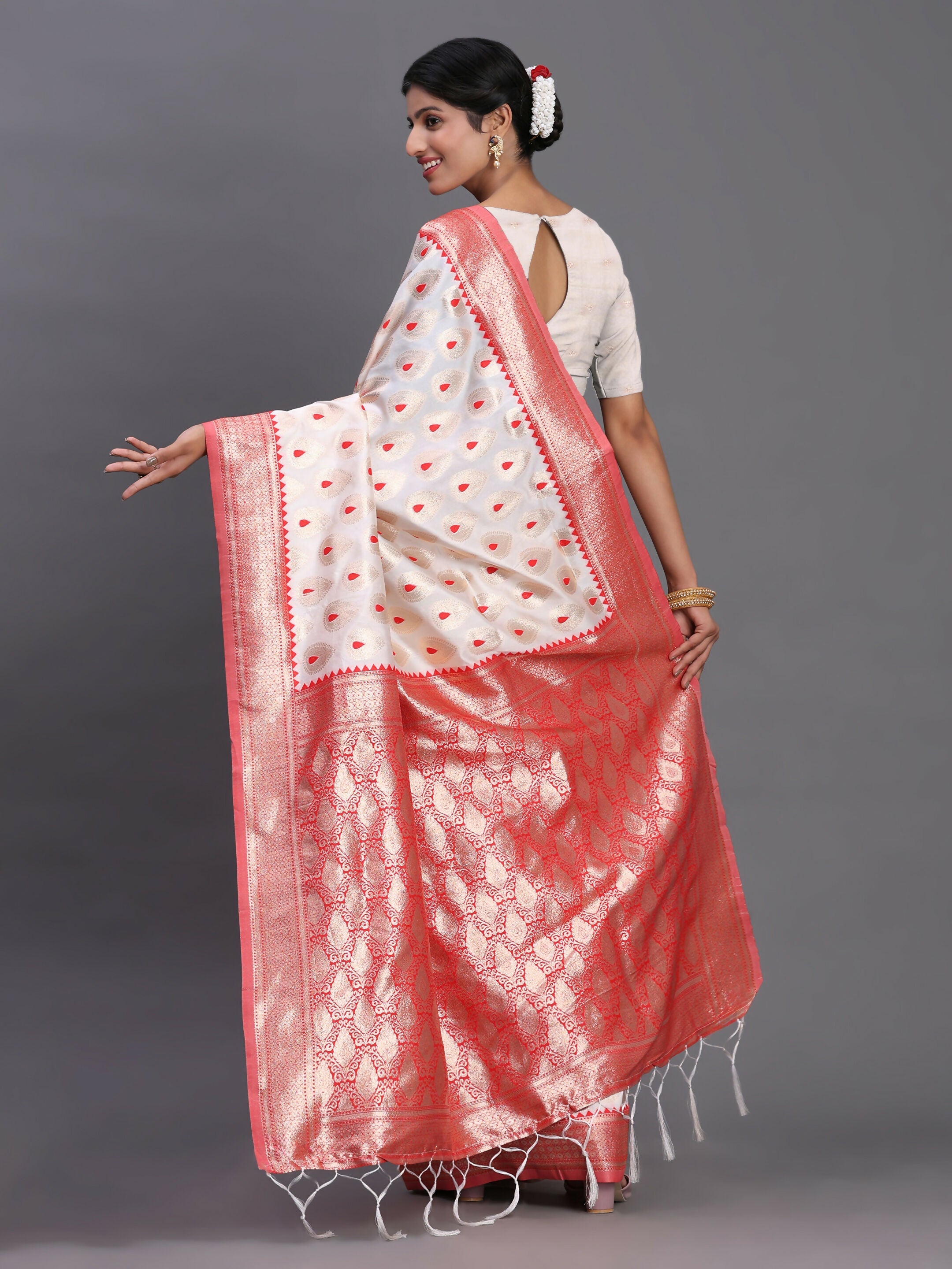 Shree Shyam Fashion Banarasi Silk Red & White Saree | Grocsy