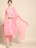 Sangria Women Pink Ethnic Motifs Printed Chanderi Cotton Kurta with Trousers & With Dupatta | Grocsy