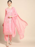 Sangria Women Pink Ethnic Motifs Printed Chanderi Cotton Kurta with Trousers & With Dupatta | Grocsy