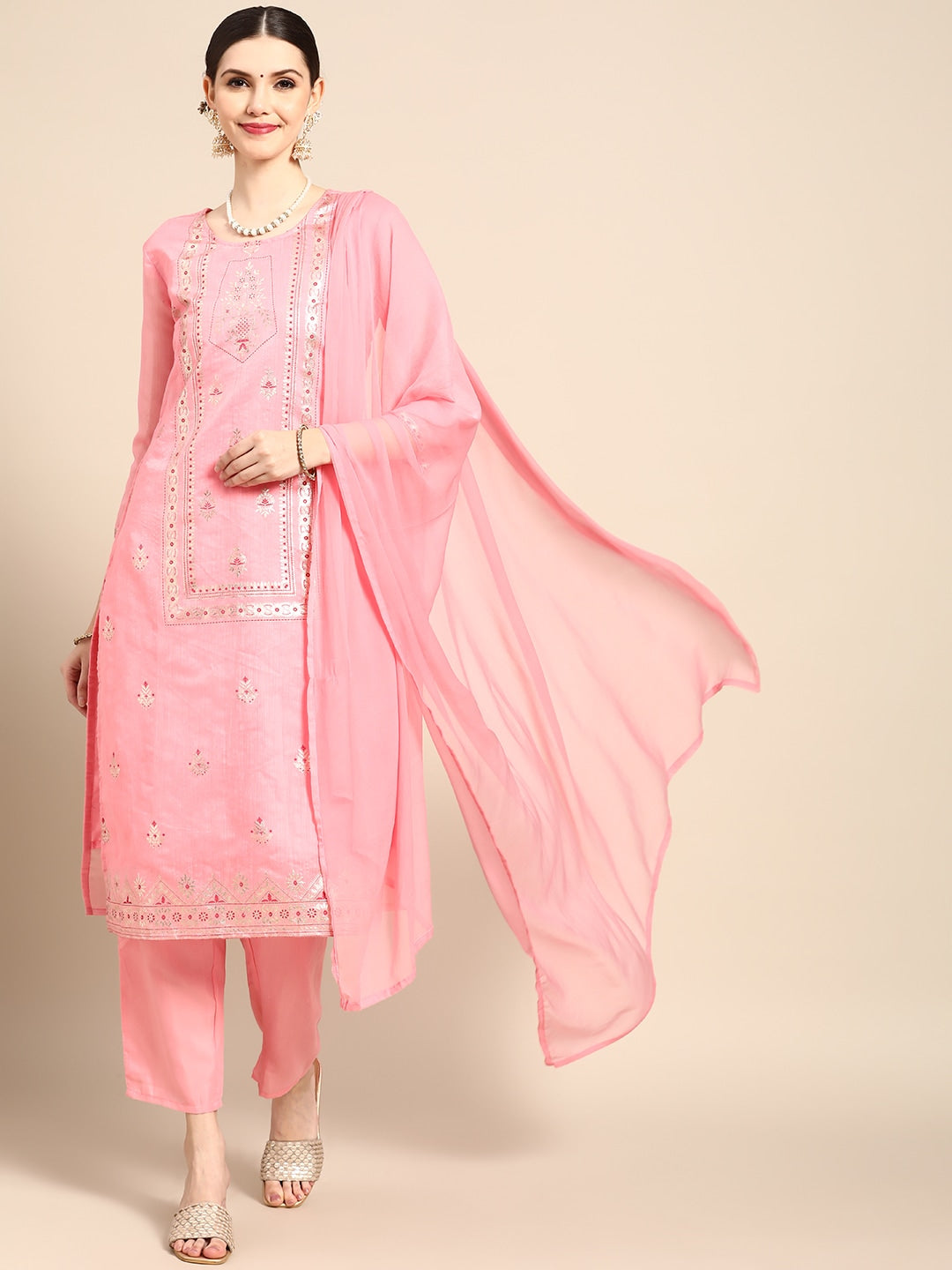 Sangria Women Pink Ethnic Motifs Printed Chanderi Cotton Kurta with Trousers & With Dupatta | Grocsy