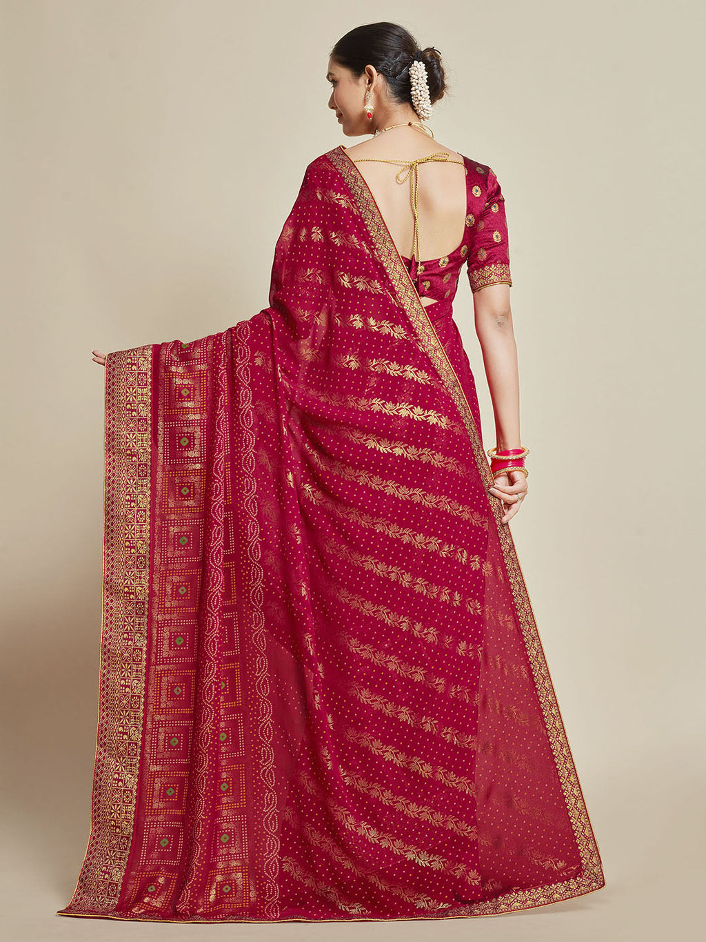 Sangria Pink Woven Design Zari Detail Poly Georgette Bandhani Saree | Grocsy