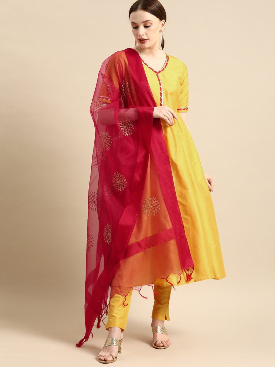 All About You Women Yellow & Red Gotta Patti Kurta with Trousers & With Dupatta | Grocsy