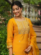 Janasya Mustard Silk Blend Embroidered Kurta,Bottom & Dupatta | Grocsy