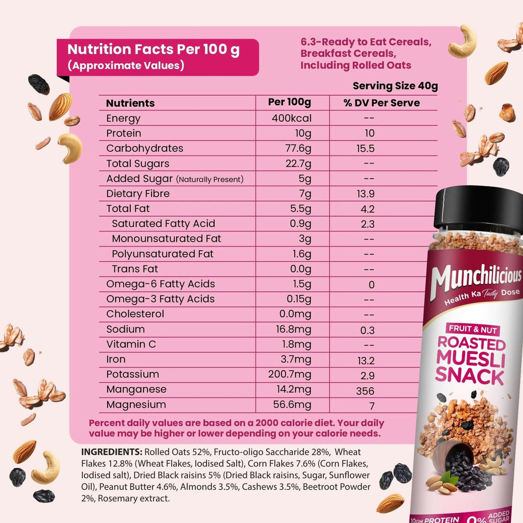 Munchilicious Muesli – Fruit & Nut Roasted Rolled Oats, Raisins, Almonds, Cashews & Peanut Butter | Grocsy