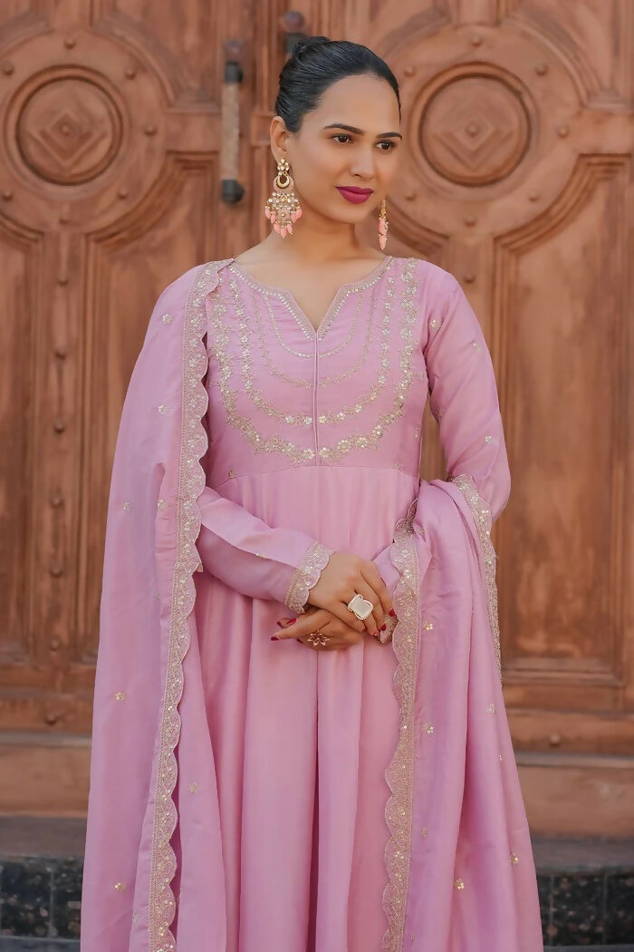 The52 Pink Women's Gorgeous Vichitra Silk Fabric Embroidered Work Flared Anarkali Pant and Dupatta Set | Grocsy