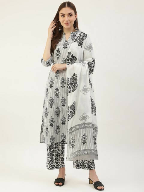 FIORRA Women's White Cotton Straight Kurta Pant With Dupatta | Grocsy