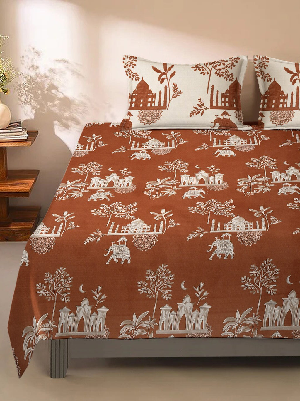 Rajasthan Decor Rust & Cream Printed Cotton 160 TC King Bedsheet with 2 Pillow Covers | Grocsy