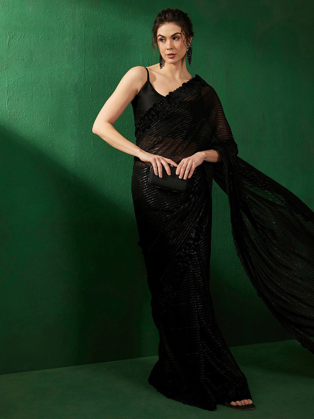 Sangria Striped Embellished Beads and Stones Pure Chiffon Sarees | Grocsy