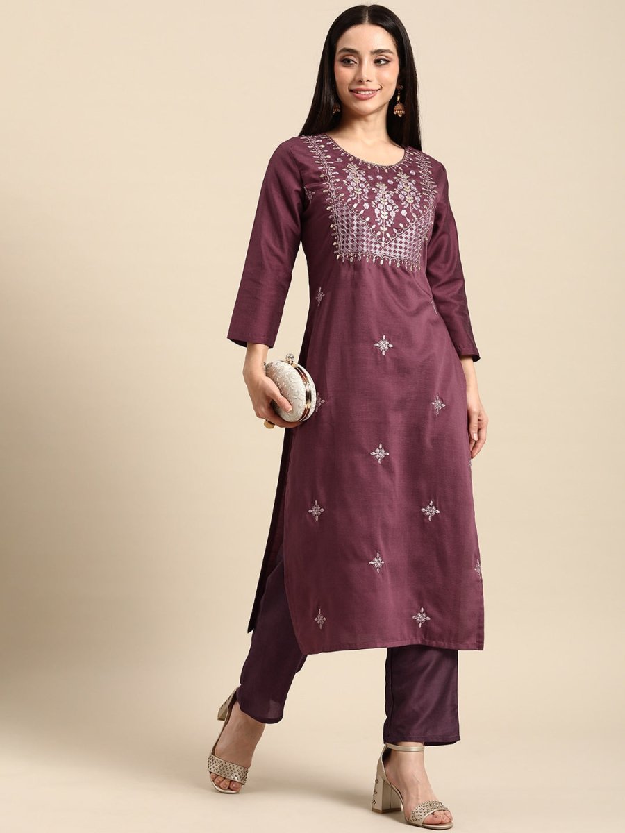 All About You Women Ethnic Motifs Embroidered Kurta With Trousers | Grocsy