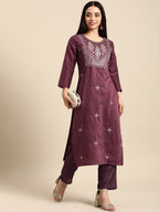 All About You Women Ethnic Motifs Embroidered Kurta With Trousers | Grocsy