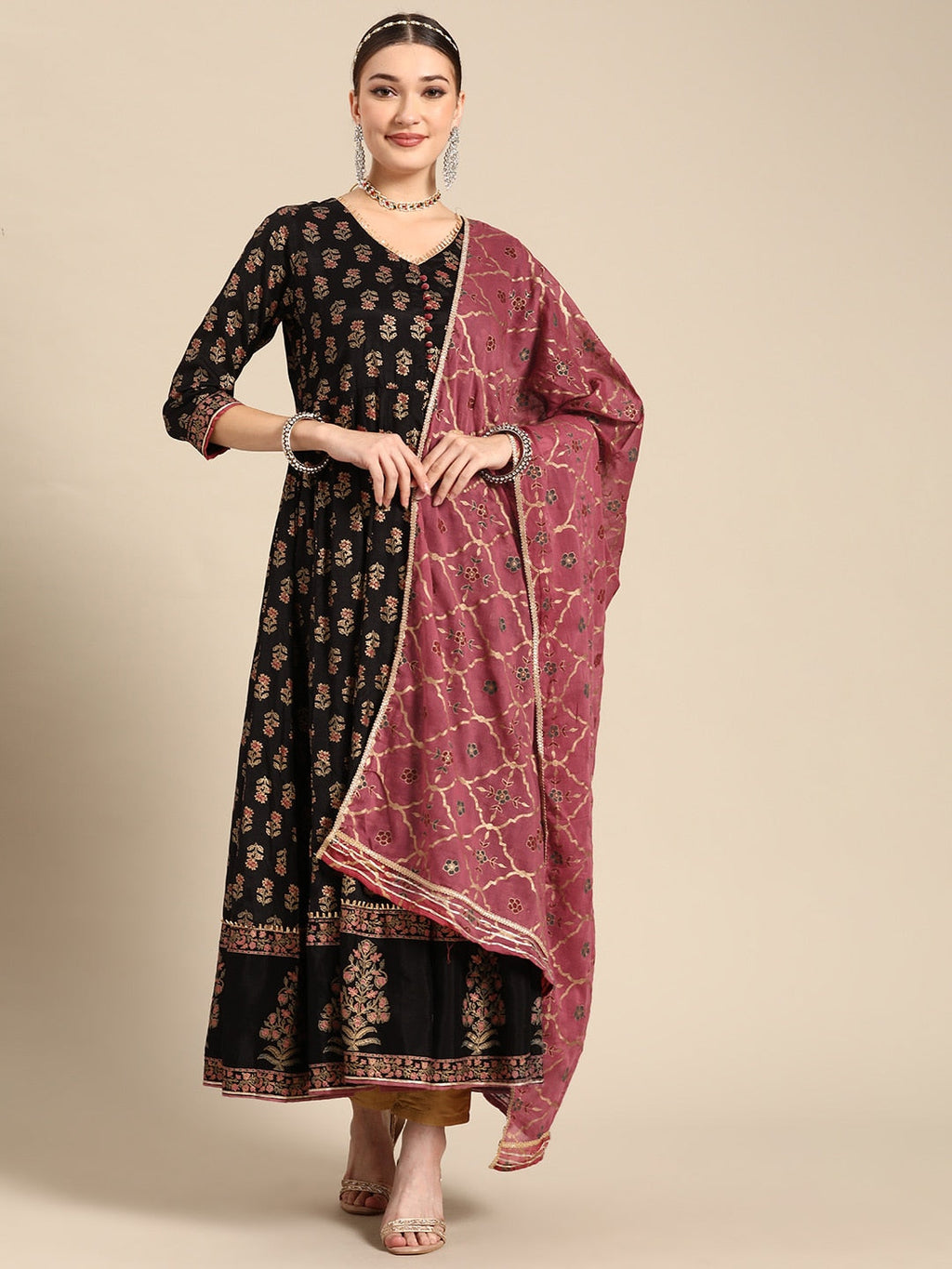 Sangria Women Black & Burgundy Ethnic Motifs Printed Mirror Work Anarkali Kurta | Grocsy