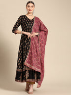 Sangria Women Black & Burgundy Ethnic Motifs Printed Mirror Work Anarkali Kurta | Grocsy