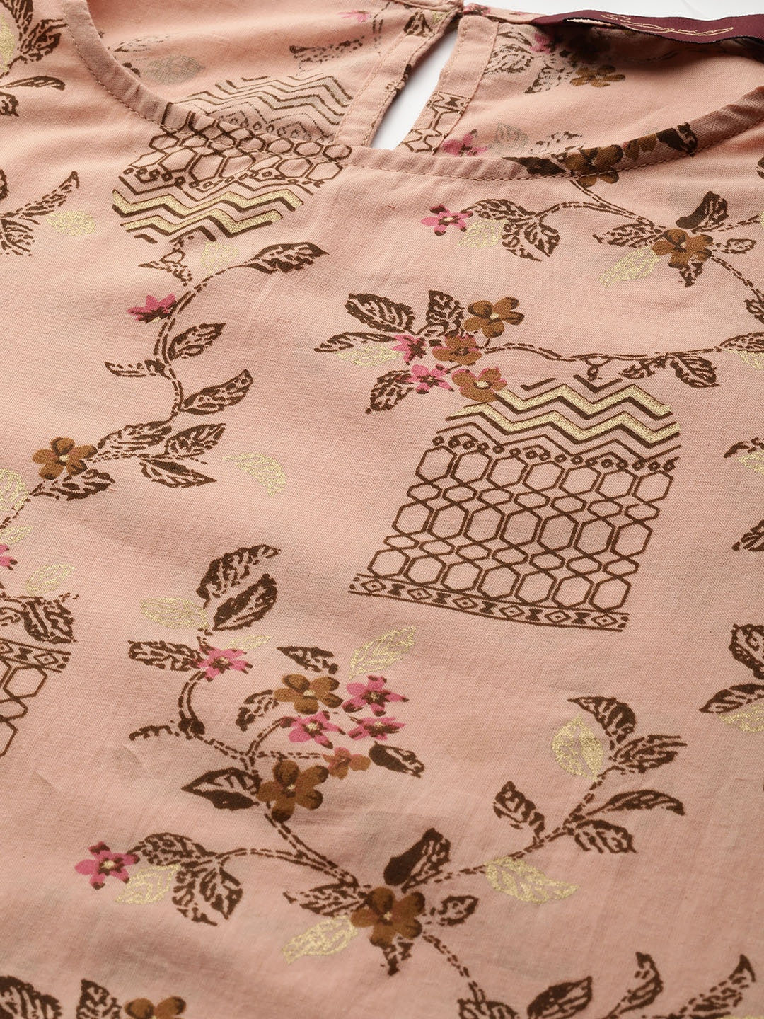Sangria Women Dusty Pink & Brown Pure Cotton Printed Kurta with Palazzos & Dupatta | Grocsy