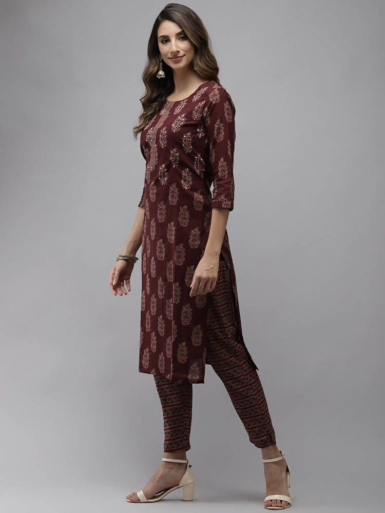 Yufta Women Maroon Ethnic Motifs Regular Sequinned Pure Cotton Kurta with Trouser | Grocsy