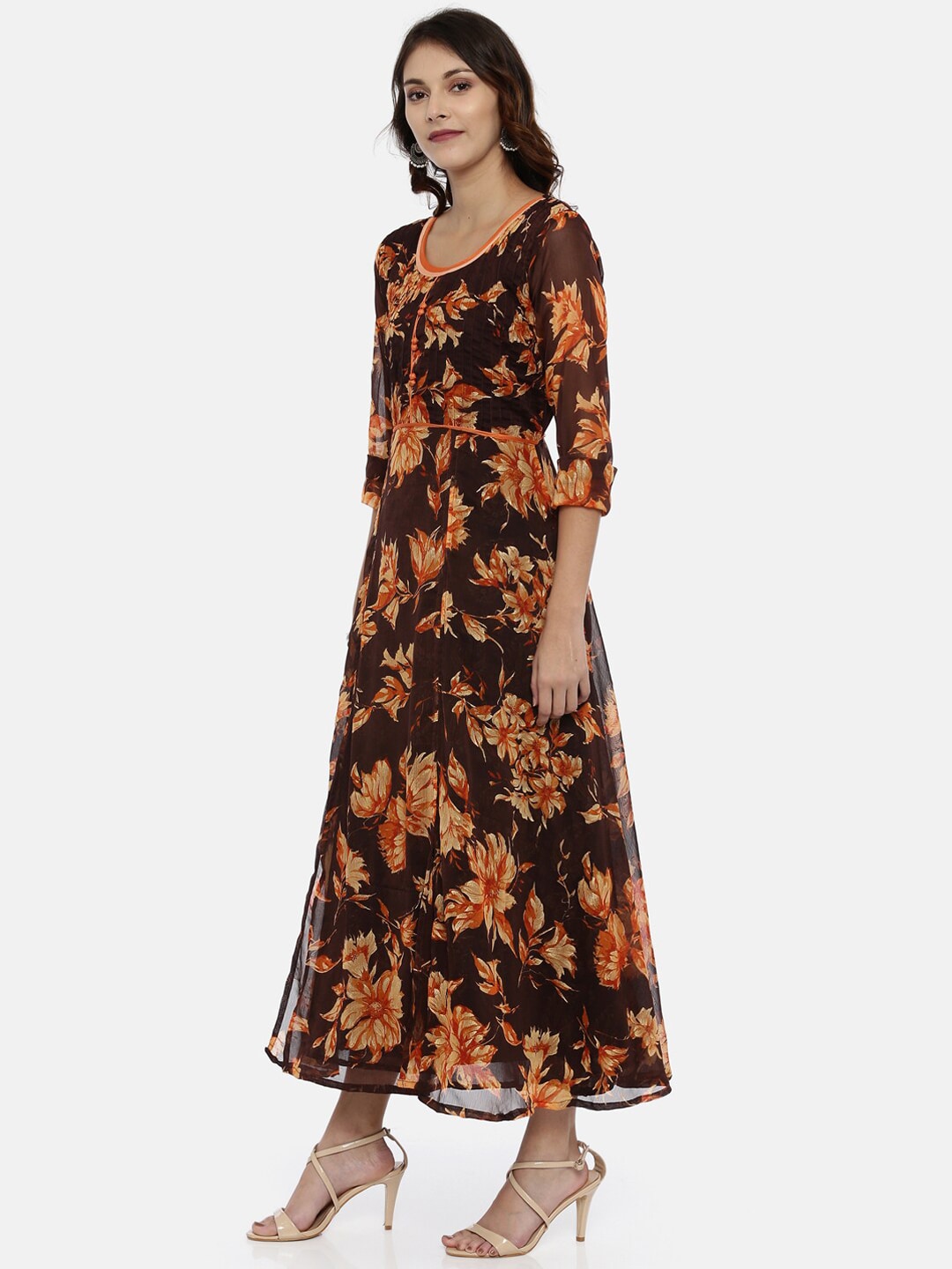Souchii Brown & Orange Floral Printed Chiffon Maxi Dress | Grocsy
