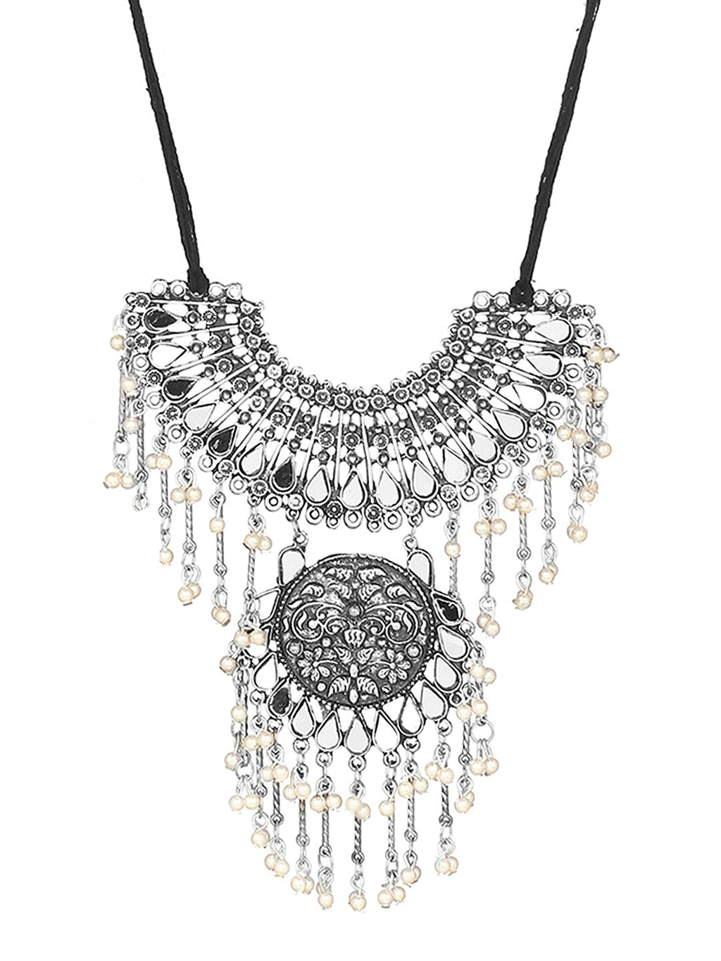 Cardinal Silver-Toned Mirror Studded & Beaded Oxidised Choker Jewellery Set | Grocsy