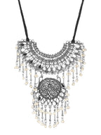 Cardinal Silver-Toned Mirror Studded & Beaded Oxidised Choker Jewellery Set | Grocsy