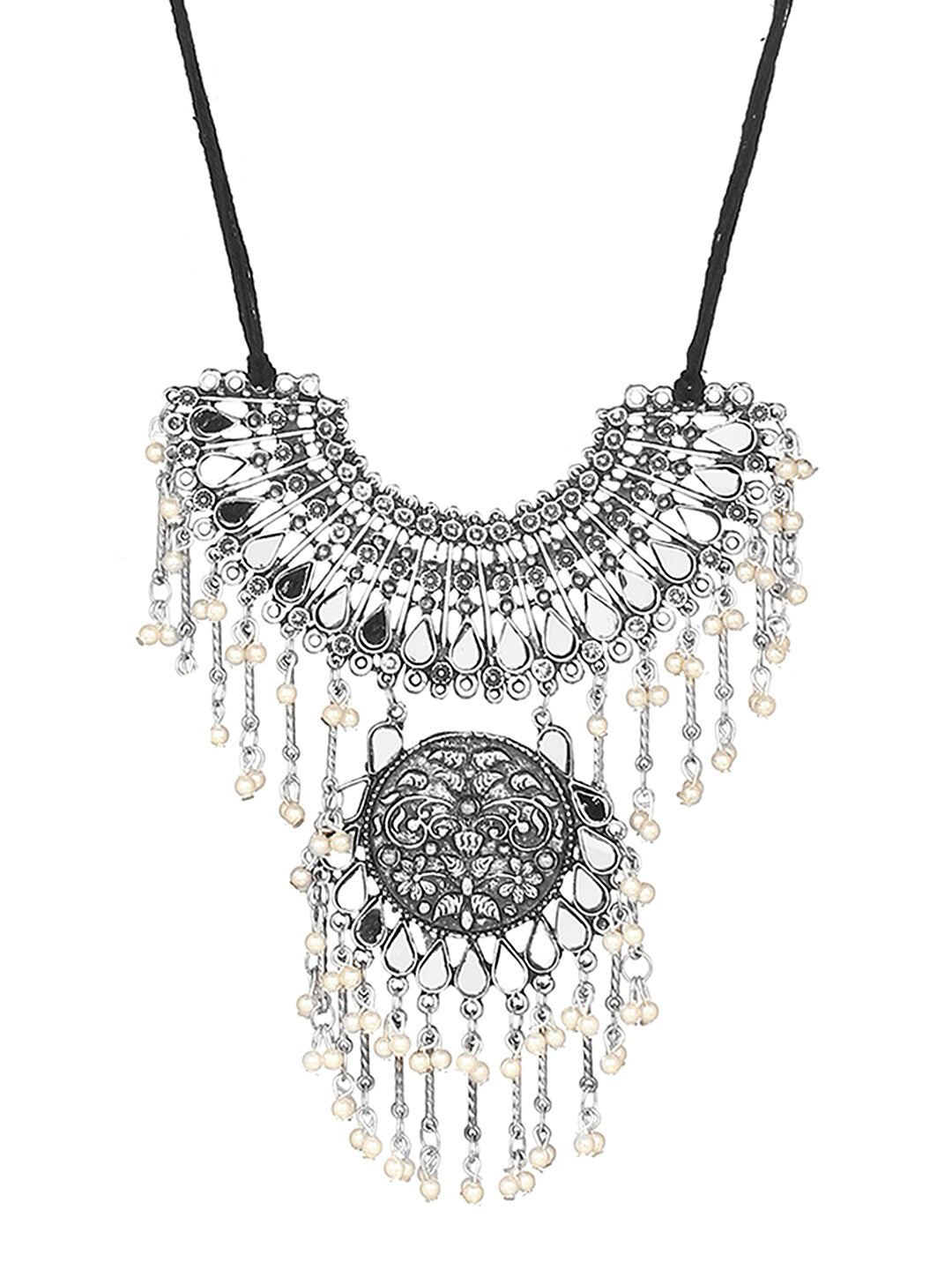 Cardinal Silver-Toned Mirror Studded & Beaded Oxidised Choker Jewellery Set | Grocsy