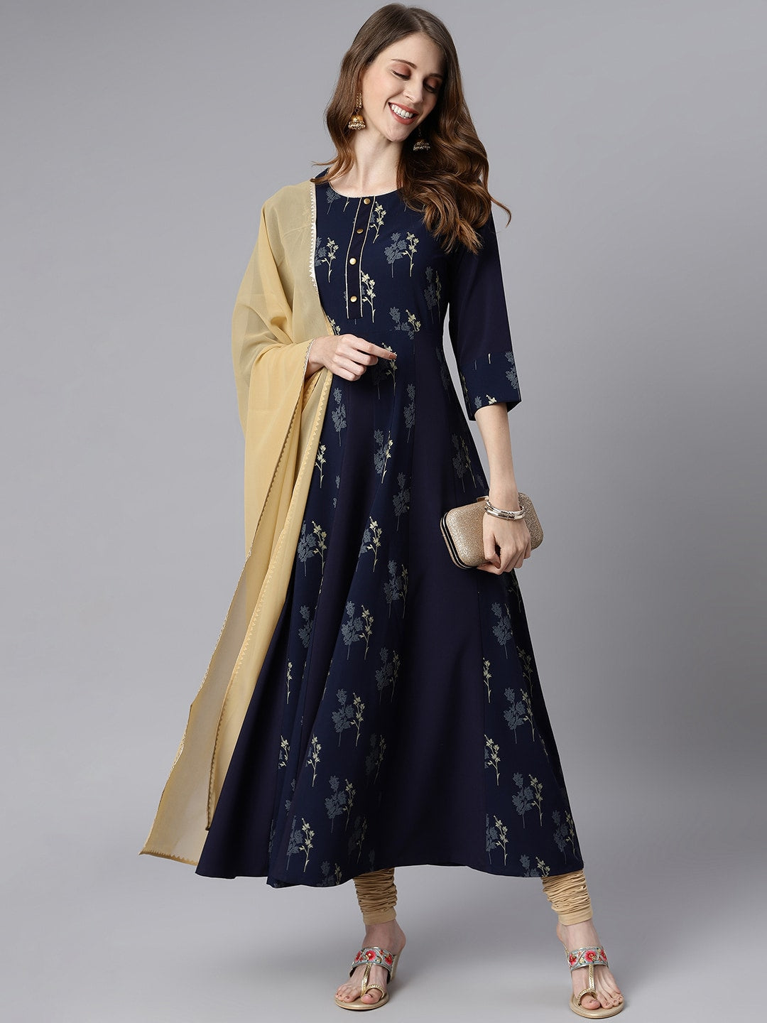 Janasya Women Navy Blue Floral Printed Crepe Anarkali Kurta with Dupatta | Grocsy