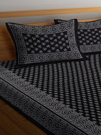 Rajasthan Decor Black & White Ethnic Motifs 144 TC Cotton 1 Queen Bedsheet with 2 Pillow Covers | Grocsy