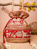 NR By Nidhi Rathi Maroon & Gold-Toned Persia Embroidered Potli Clutch | Grocsy