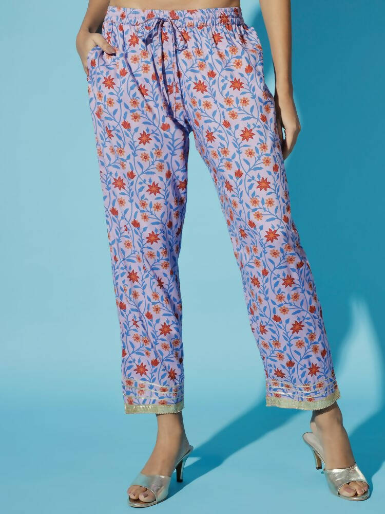 Myshka Women Printed Lavender Kurta & Trousers With Dupatta | Grocsy