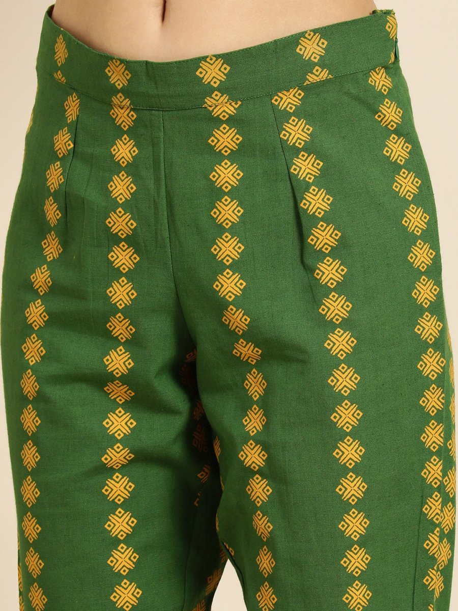 All About You Women Mustard Yellow Ethnic Motifs Printed Kurta with Green Printed Trousers | Grocsy