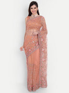 kasee Women Peach-Coloured Floral Embroidered Net Saree | Grocsy