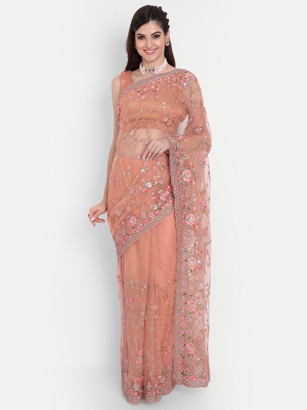 kasee Women Peach-Coloured Floral Embroidered Net Saree | Grocsy
