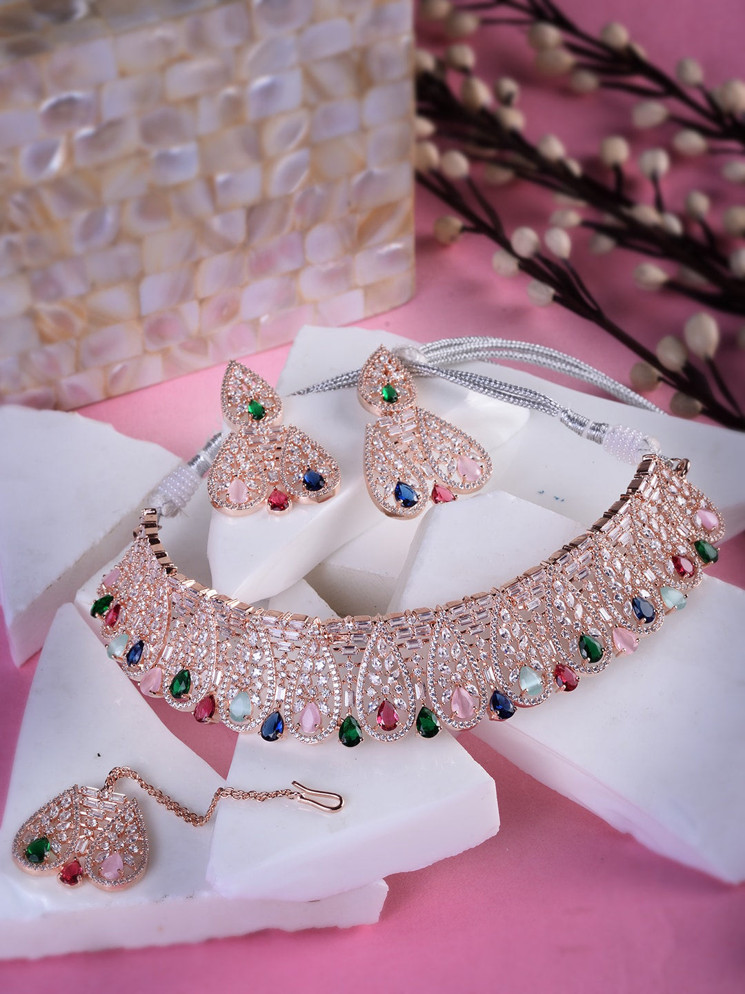 Saraf RS Jewellery Rose Gold-Polished White & Green AD-Studded Jewellery Set | Grocsy