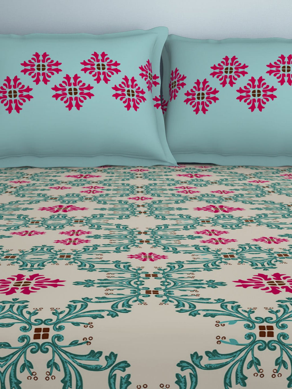 SPACES Aurum Blue Ethnic Motifs Pure Cotton 140 TC Queen Bedsheet With 2 Pillow Covers | Grocsy