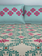 SPACES Aurum Blue Ethnic Motifs Pure Cotton 140 TC Queen Bedsheet With 2 Pillow Covers | Grocsy
